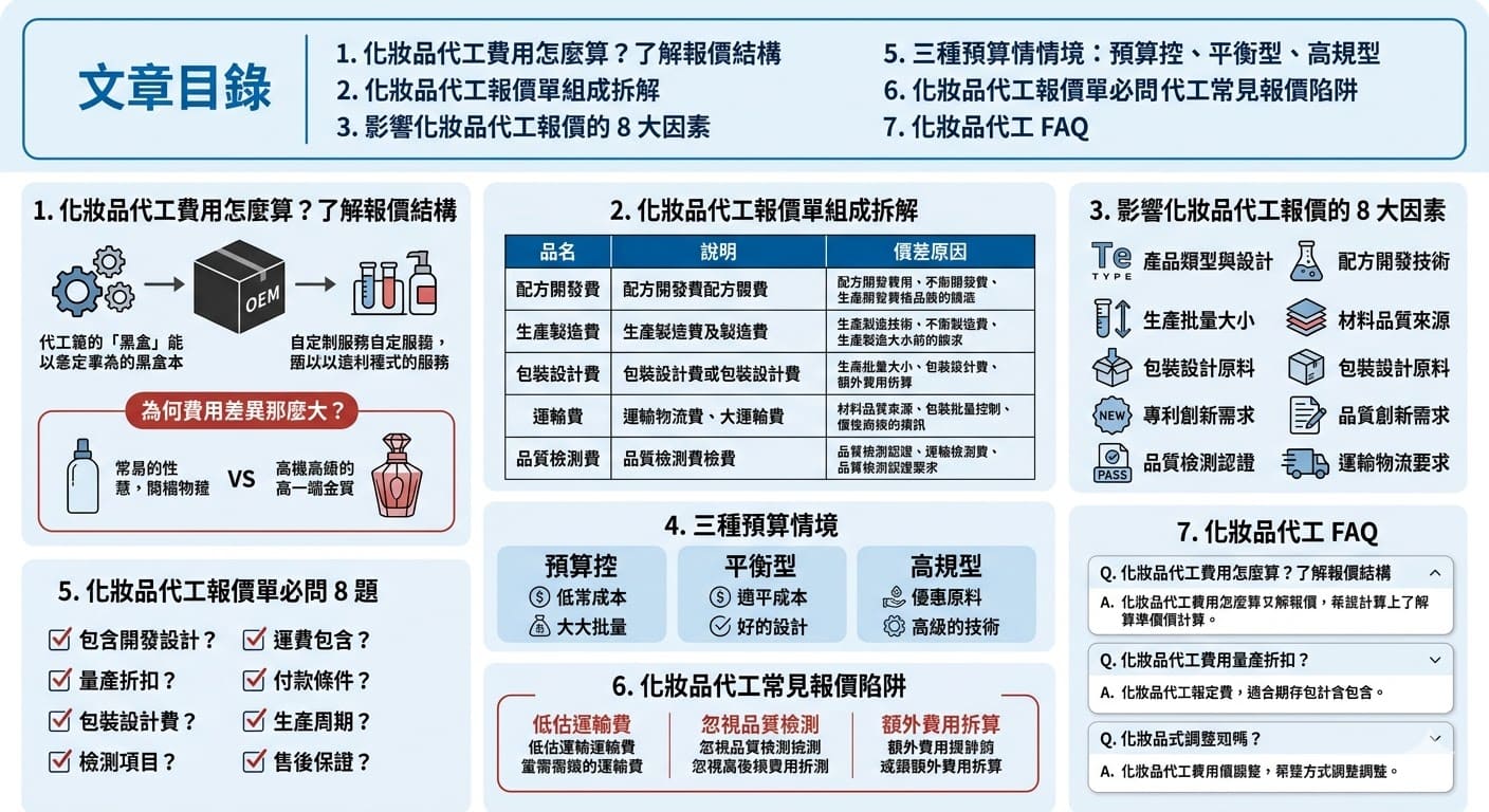 如果你正在尋找化妝品代工服務，了解報價結構至關重要。從配方開發到包裝設計，每一項費用都會影響最終的成本。在這篇文章中，我們詳細拆解了化妝品代工的各項費用，包括產品開發費、製造費與運輸費等。無論你是第一次選擇化妝品代工，還是想優化成本，了解報價單中的每個細節將幫助你做出明智選擇。
